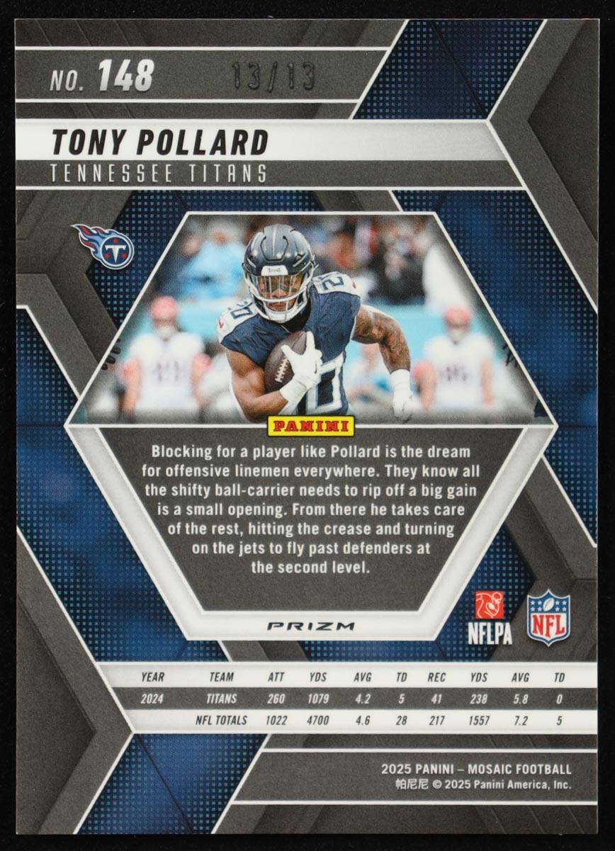 Tony Pollard 2025 Panini Mosaic Mosaic Pink Spectris FOTL #148 #13/13 at PristineAuction.com Tony Pollard 2025 Panini Mosaic Mosaic Pink Spectris FOTL #148 #13/13 at PristineAuction.com