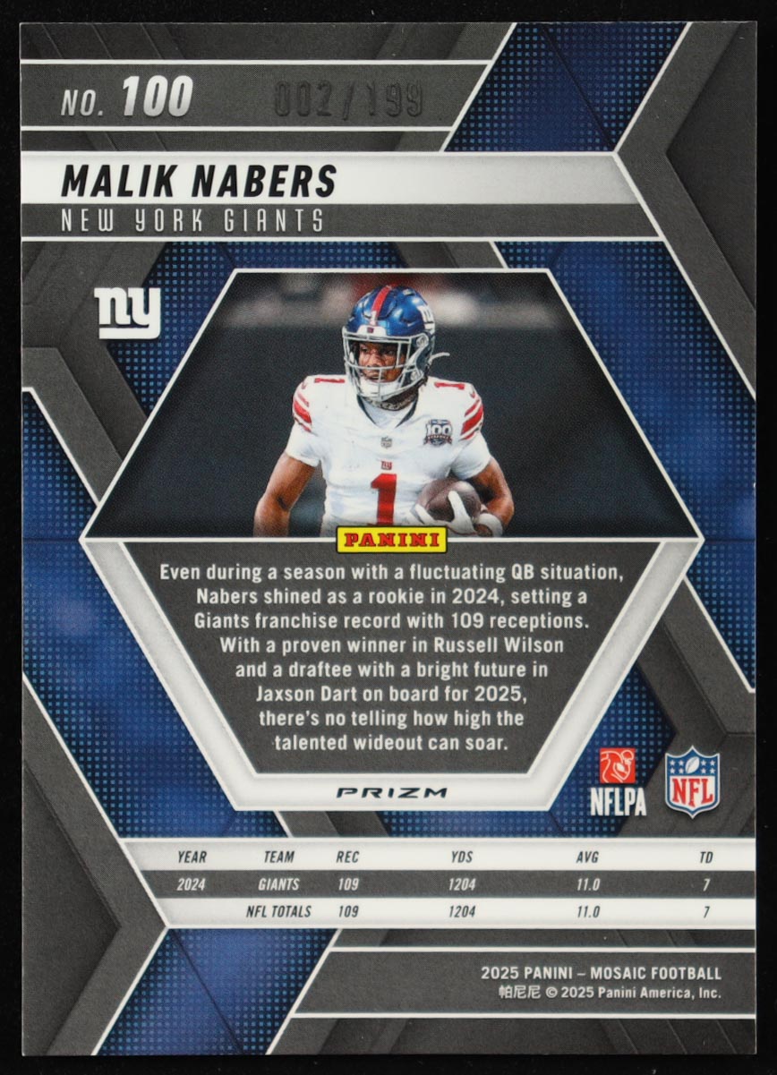 Malik Nabers 2025 Panini Mosaic Mosaic Orange #100 #002/199 at PristineAuction.com Malik Nabers 2025 Panini Mosaic Mosaic Orange #100 #002/199 at PristineAuction.com