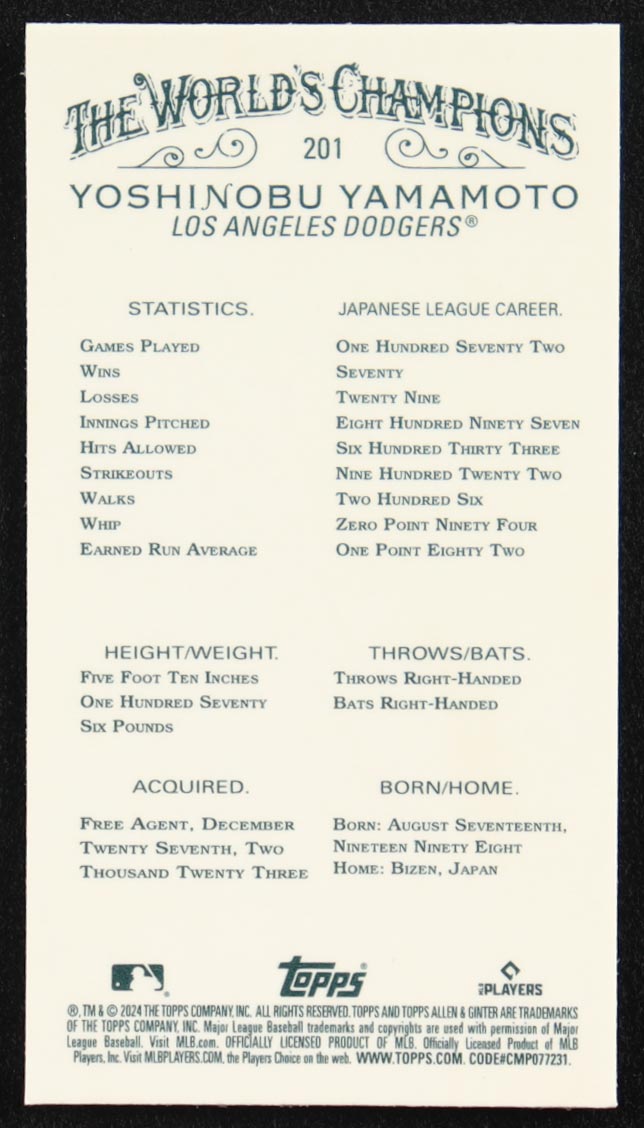 Yoshinobu Yamamoto 2024 Topps Allen and Ginter Chrome Mini #201 RC at PristineAuction.com Yoshinobu Yamamoto 2024 Topps Allen and Ginter Chrome Mini #201 RC at PristineAuction.com