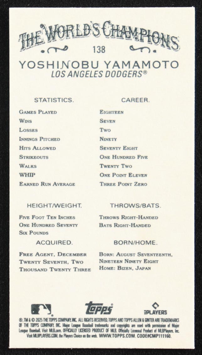 Yoshinobu Yamamoto 2025 Topps Allen and Ginter Mini Black Border #138 at PristineAuction.com Yoshinobu Yamamoto 2025 Topps Allen and Ginter Mini Black Border #138 at PristineAuction.com