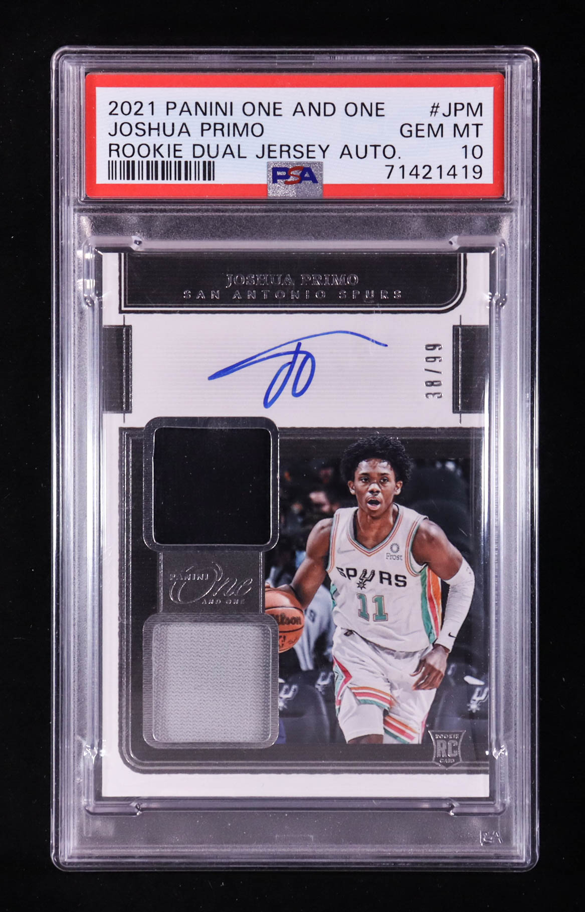 Joshua Primo 2021-22 Panini One and One Rookie Dual Jersey Autographs #8 #38/99 RC (PSA 10) at PristineAuction.com Joshua Primo 2021-22 Panini One and One Rookie Dual Jersey Autographs #8 #38/99 RC (PSA 10) at PristineAuction.com