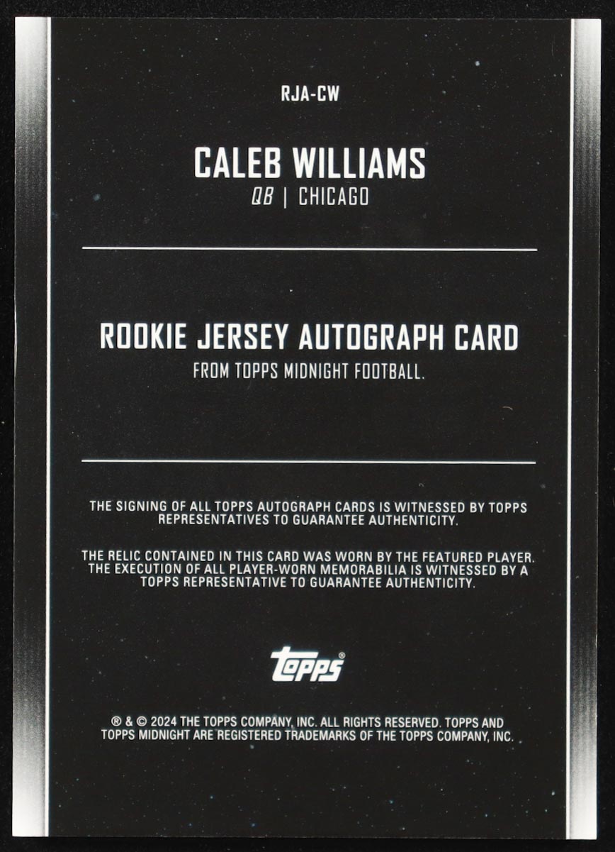 Caleb Williams 2024 Topps Midnight Rookie Jersey Autographs #RJACW RC at PristineAuction.com Caleb Williams 2024 Topps Midnight Rookie Jersey Autographs #RJACW RC at PristineAuction.com
