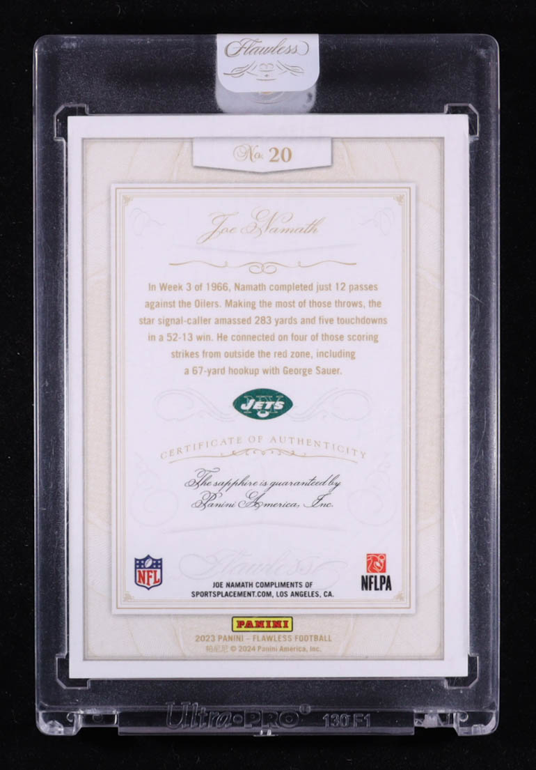 Joe Namath 2023 Panini Flawless Anniversary Sapphire #20 #2/7 at PristineAuction.com Joe Namath 2023 Panini Flawless Anniversary Sapphire #20 #2/7 at PristineAuction.com