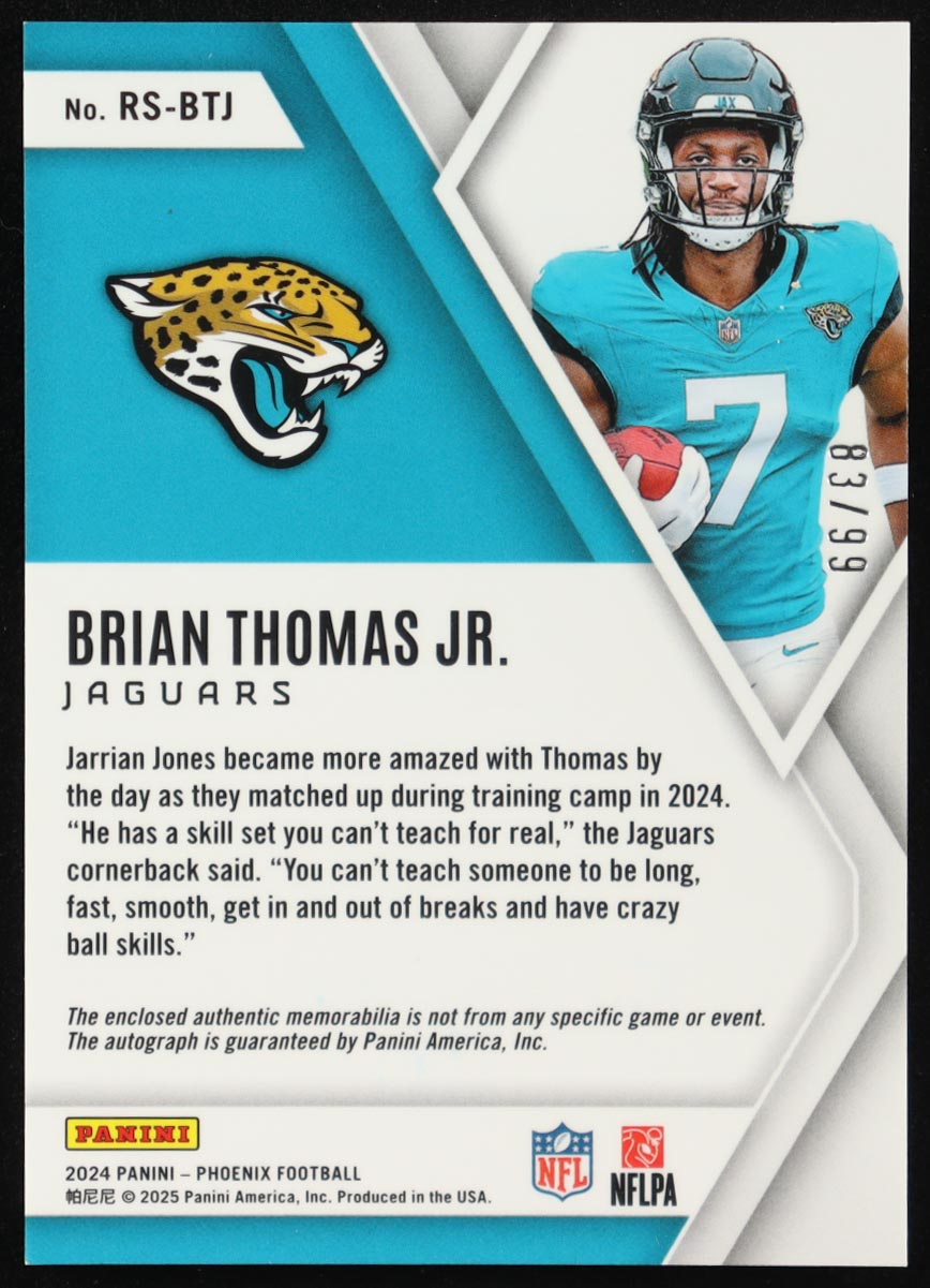 Brian Thomas Jr. 2024 Panini Phoenix Rookie Silhouettes Red #3 #83/99 RC at PristineAuction.com Brian Thomas Jr. 2024 Panini Phoenix Rookie Silhouettes Red #3 #83/99 RC at PristineAuction.com