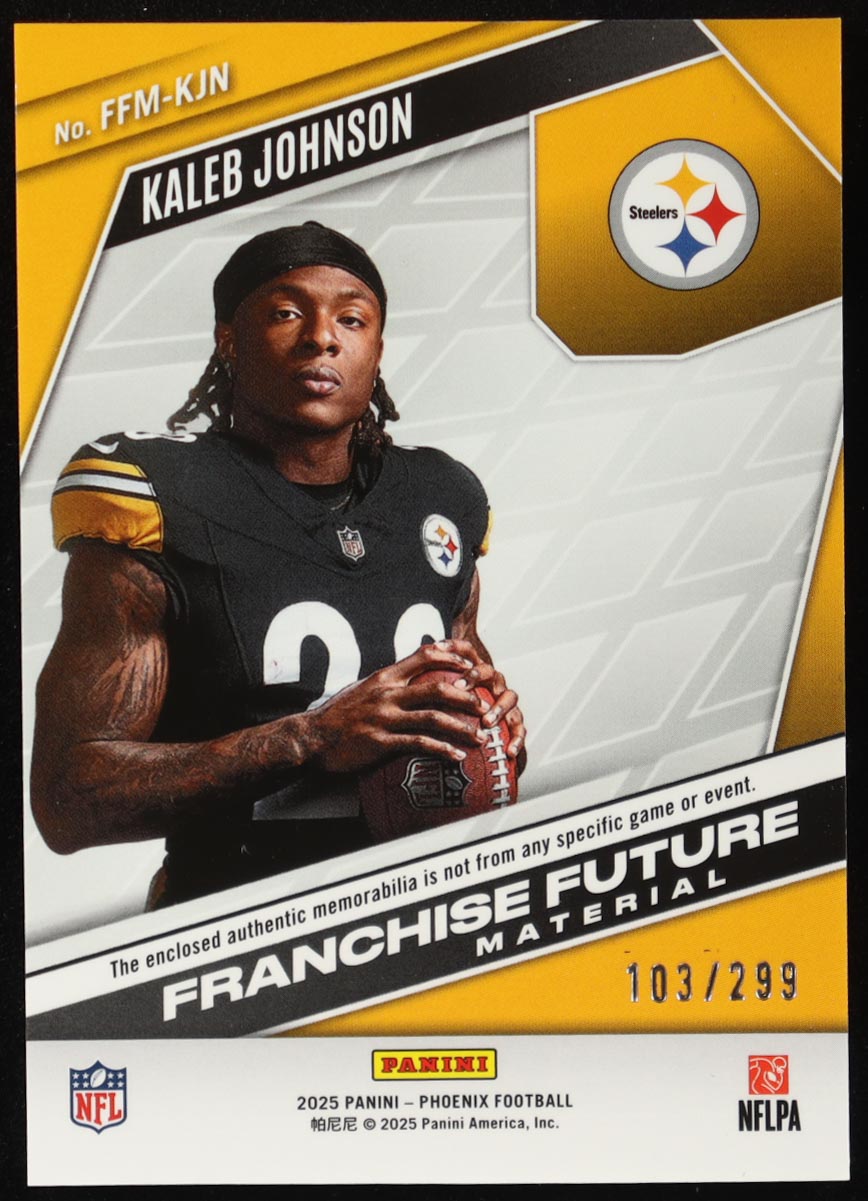 Kaleb Johnson 2025 Panini Phoenix Franchise Future Material #29 #103/299 RC at PristineAuction.com Kaleb Johnson 2025 Panini Phoenix Franchise Future Material #29 #103/299 RC at PristineAuction.com