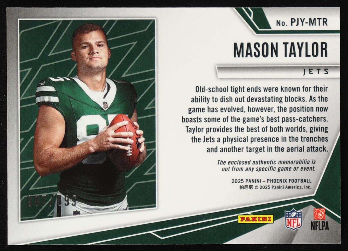 Mason Taylor 2025 Panini Phoenix Rookie Phenom Jerseys #10 #007/699 RC at PristineAuction.com Mason Taylor 2025 Panini Phoenix Rookie Phenom Jerseys #10 #007/699 RC at PristineAuction.com