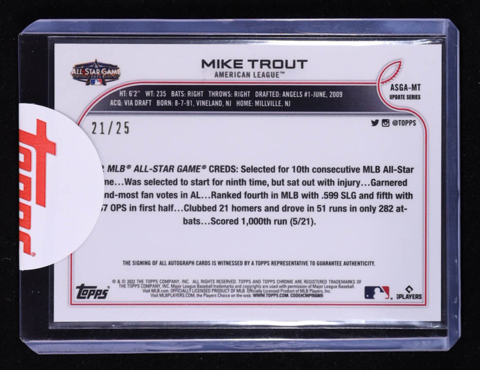Mike Trout 2022 Topps Chrome Update '22 All Star Game Autographs Orange Refractors #ASGAMT EXCH #21/25 at PristineAuction.com Mike Trout 2022 Topps Chrome Update '22 All Star Game Autographs Orange Refractors #ASGAMT EXCH #21/25 at PristineAuction.com