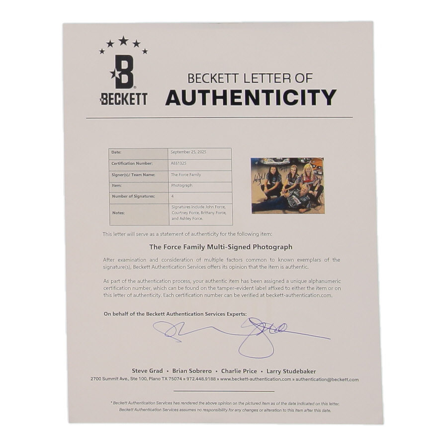 The Force Family NHRA 8x10 Photo Signed by Brittany, Courtney, Ashley & John Force (Beckett) at PristineAuction.com The Force Family NHRA 8x10 Photo Signed by Brittany, Courtney, Ashley & John Force (Beckett) at PristineAuction.com