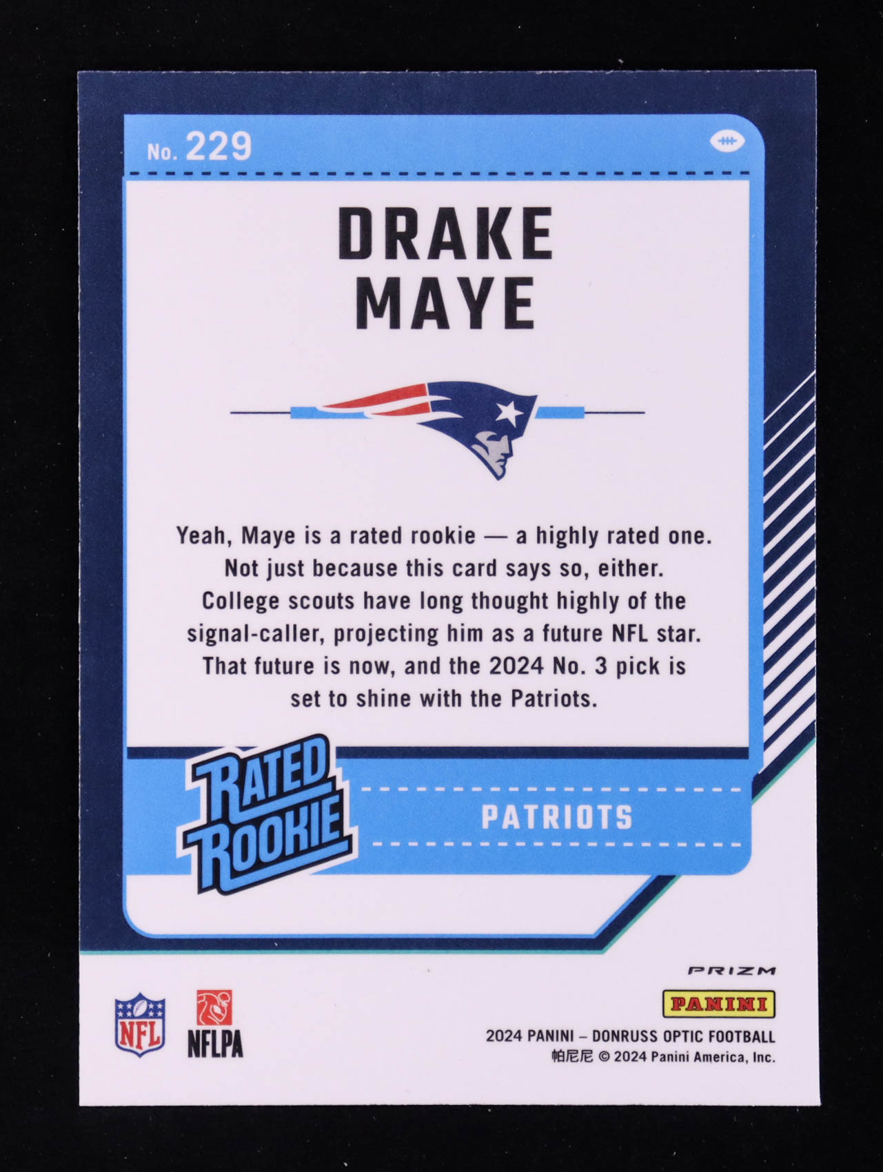 Drake Maye 2024 Donruss Optic Purple Shock #229 RR RC at PristineAuction.com Drake Maye 2024 Donruss Optic Purple Shock #229 RR RC at PristineAuction.com