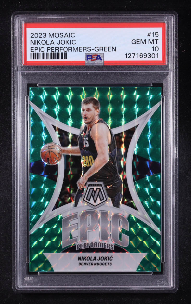 Nikola Jokic 2023-24 Panini Mosaic Epic Performers Mosaic Green #15 (PSA 10) at PristineAuction.com Nikola Jokic 2023-24 Panini Mosaic Epic Performers Mosaic Green #15 (PSA 10) at PristineAuction.com