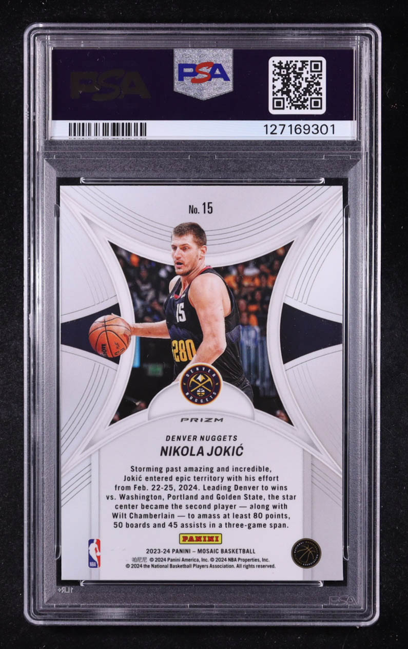 Nikola Jokic 2023-24 Panini Mosaic Epic Performers Mosaic Green #15 (PSA 10) at PristineAuction.com Nikola Jokic 2023-24 Panini Mosaic Epic Performers Mosaic Green #15 (PSA 10) at PristineAuction.com