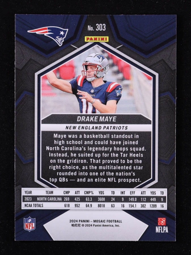 Drake Maye 2024 Panini Mosaic #303 RC at PristineAuction.com Drake Maye 2024 Panini Mosaic #303 RC at PristineAuction.com
