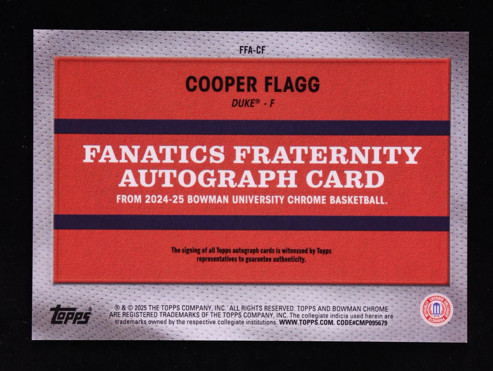 Cooper Flagg 2024-25 Bowman Chrome University Fanatics Fraternity Autographs #FFACF RC at PristineAuction.com Cooper Flagg 2024-25 Bowman Chrome University Fanatics Fraternity Autographs #FFACF RC at PristineAuction.com