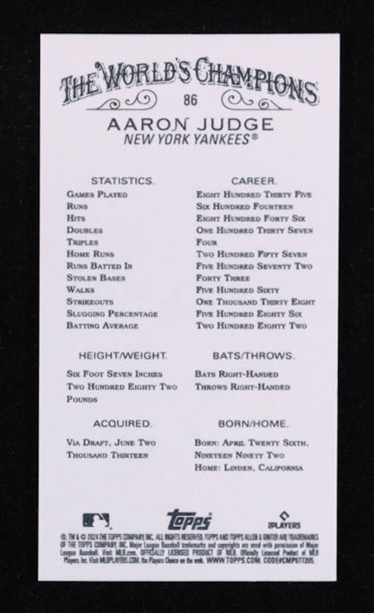 Aaron Judge 2024 Topps Allen and Ginter Mini #86 at PristineAuction.com Aaron Judge 2024 Topps Allen and Ginter Mini #86 at PristineAuction.com