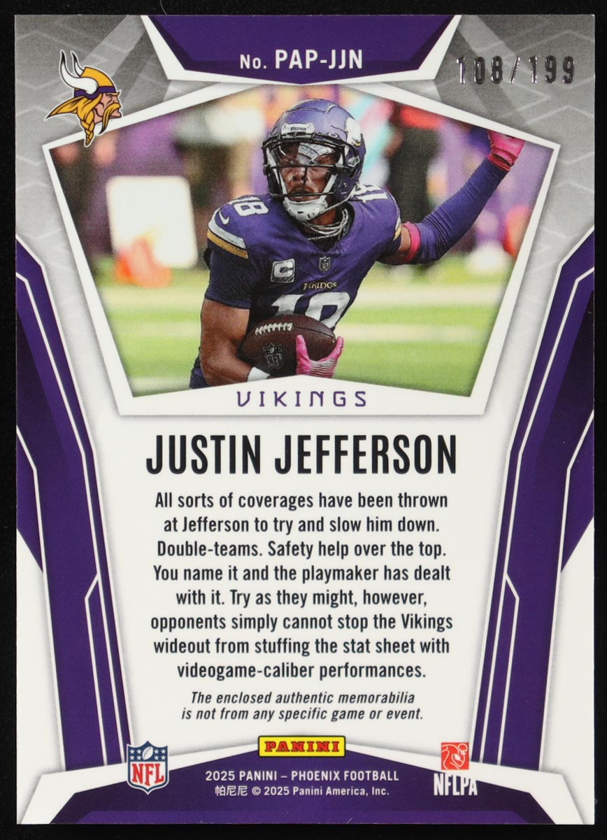 Justin Jefferson 2025 Panini Phoenix Pandora Patches Blue #14 #108/199 at PristineAuction.com Justin Jefferson 2025 Panini Phoenix Pandora Patches Blue #14 #108/199 at PristineAuction.com