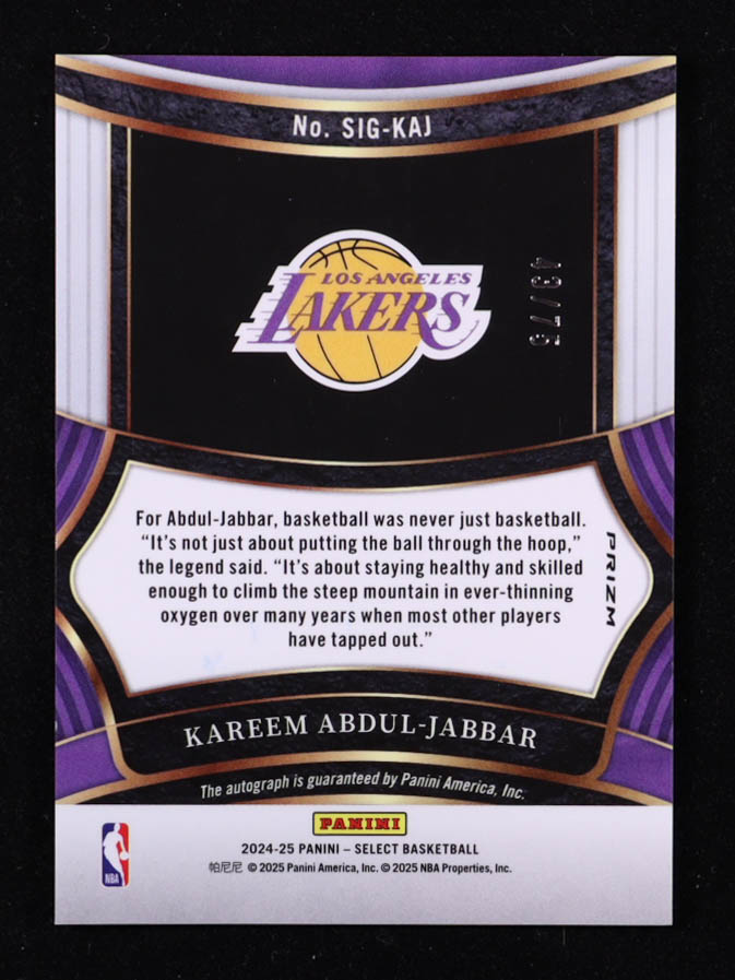 Kareem Abdul-Jabbar 2024-25 Select Signatures Purple Prizms #20 #43/75 at PristineAuction.com Kareem Abdul-Jabbar 2024-25 Select Signatures Purple Prizms #20 #43/75 at PristineAuction.com