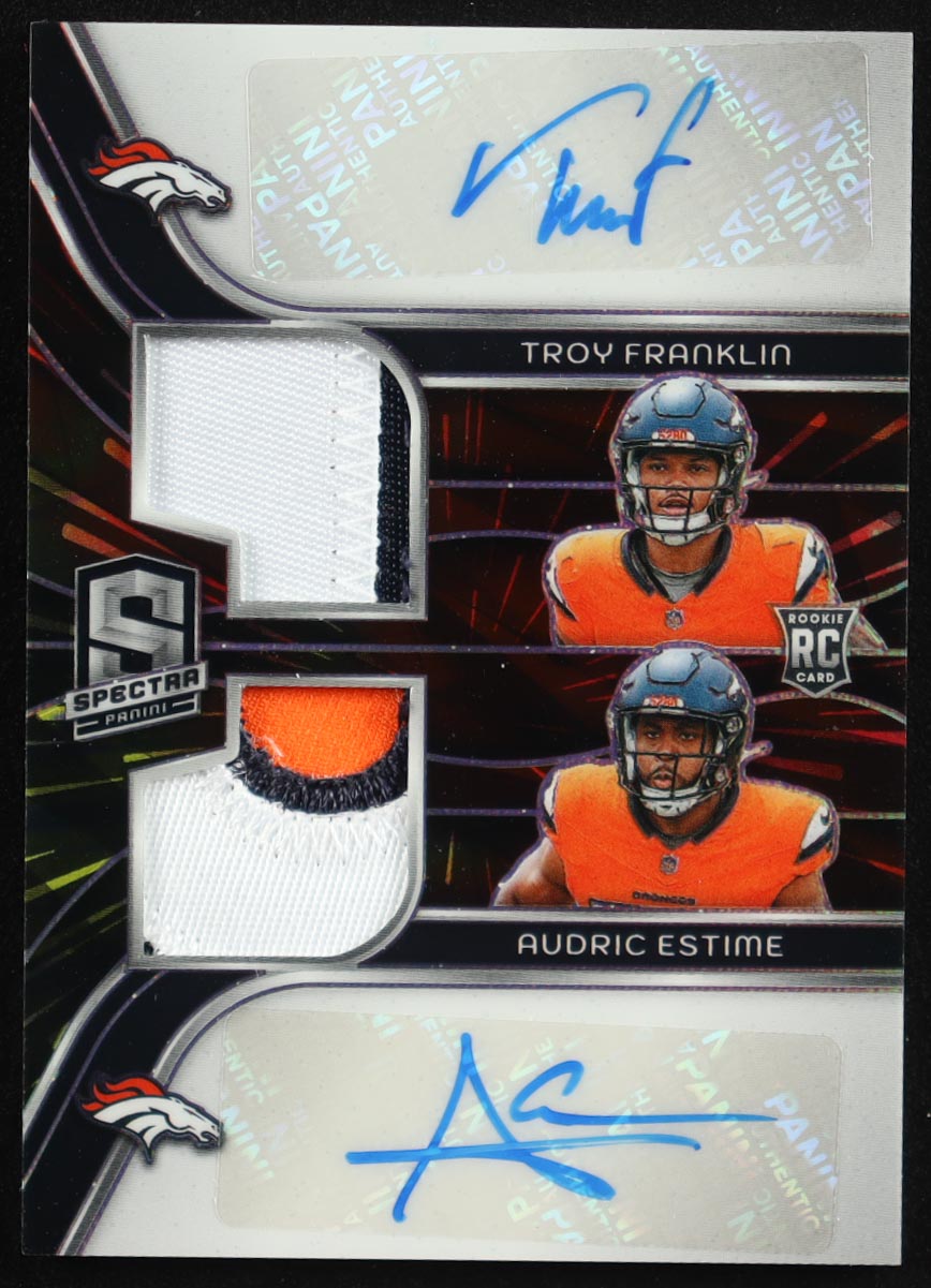 Troy Franklin / Audric Estime 2024 Panini Spectra Dual Patch Autographs Hyper #10 #18/50 RC at PristineAuction.com Troy Franklin / Audric Estime 2024 Panini Spectra Dual Patch Autographs Hyper #10 #18/50 RC at PristineAuction.com