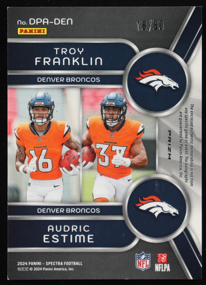 Troy Franklin / Audric Estime 2024 Panini Spectra Dual Patch Autographs Hyper #10 #18/50 RC at PristineAuction.com Troy Franklin / Audric Estime 2024 Panini Spectra Dual Patch Autographs Hyper #10 #18/50 RC at PristineAuction.com