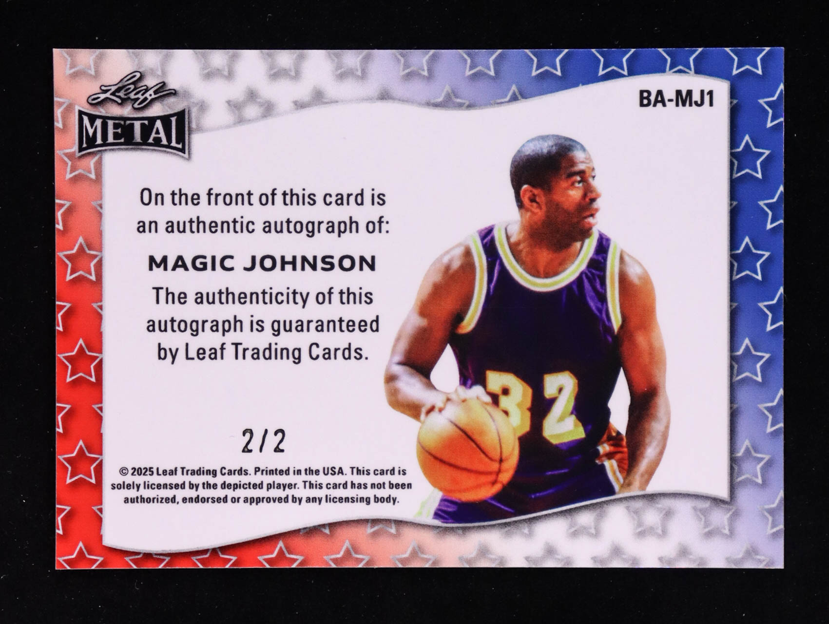 Magic Johnson 2025 Leaf Metal Independence Day Autographs Firework Crystal Red #BAMJ1 #2/2 at PristineAuction.com Magic Johnson 2025 Leaf Metal Independence Day Autographs Firework Crystal Red #BAMJ1 #2/2 at PristineAuction.com