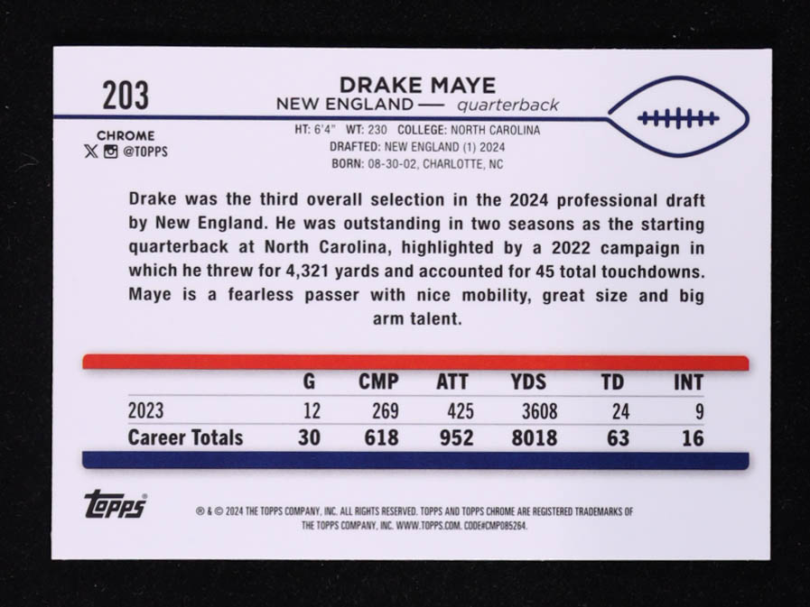 Drake Maye 2024 Topps Chrome Pink Refractors #203 RC at PristineAuction.com Drake Maye 2024 Topps Chrome Pink Refractors #203 RC at PristineAuction.com