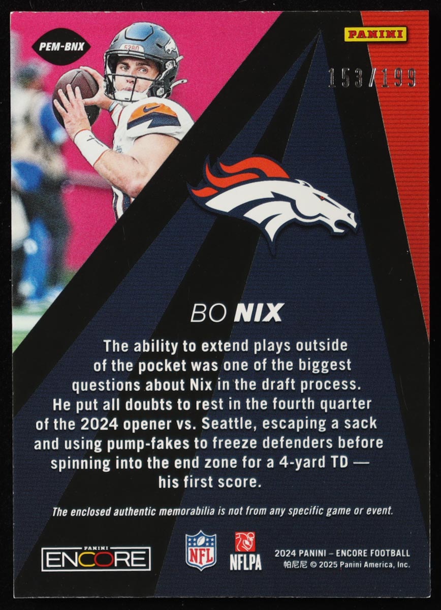 Bo Nix 2024 Panini Encore Pinnacle Jerseys #22 #153/199 RC at PristineAuction.com Bo Nix 2024 Panini Encore Pinnacle Jerseys #22 #153/199 RC at PristineAuction.com
