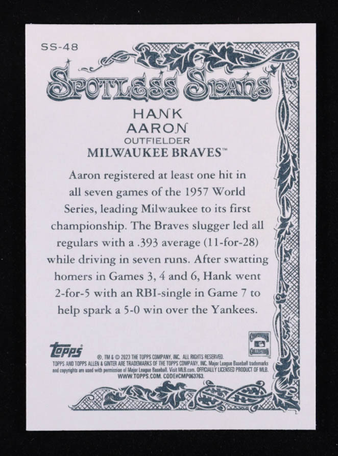 Hank Aaron 2023 Topps Allen and Ginter Spotless Spans #SS48 at PristineAuction.com Hank Aaron 2023 Topps Allen and Ginter Spotless Spans #SS48 at PristineAuction.com