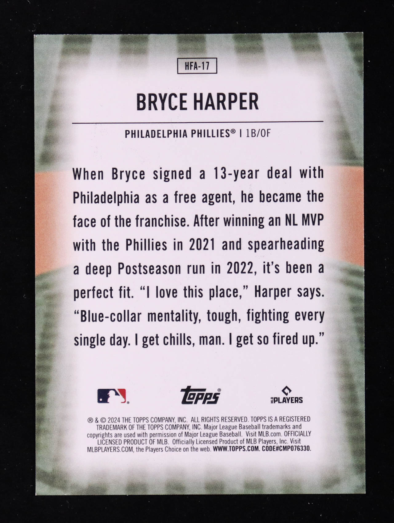 Bryce Harper 2024 Topps Home Field Advantage #HFA17 at PristineAuction.com Bryce Harper 2024 Topps Home Field Advantage #HFA17 at PristineAuction.com