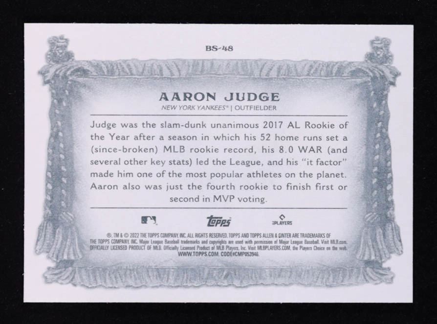 Aaron Judge 2022 Topps Allen and Ginter Banner Seasons #BS48 at PristineAuction.com Aaron Judge 2022 Topps Allen and Ginter Banner Seasons #BS48 at PristineAuction.com