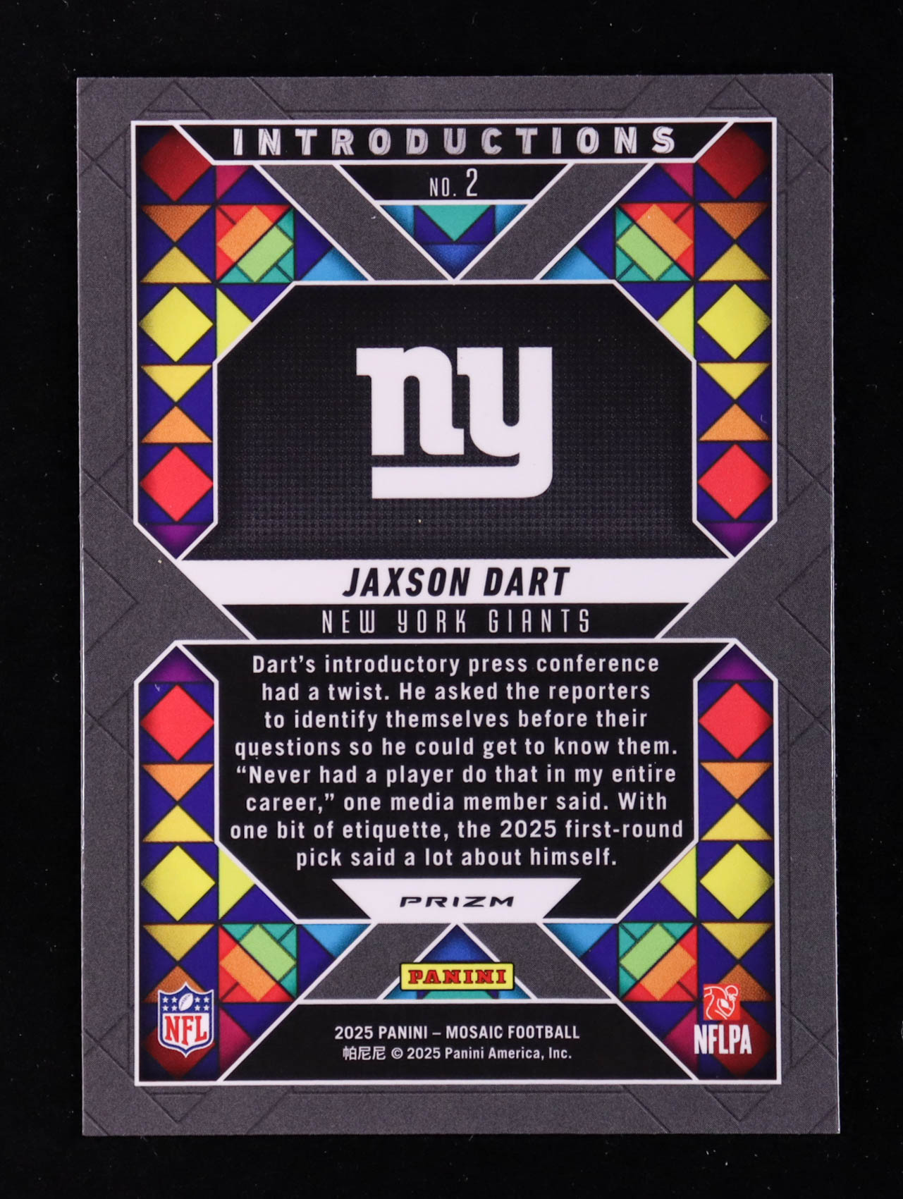 Jaxson Dart 2025 Panini Mosaic Introductions Mosaic #2 RC at PristineAuction.com Jaxson Dart 2025 Panini Mosaic Introductions Mosaic #2 RC at PristineAuction.com