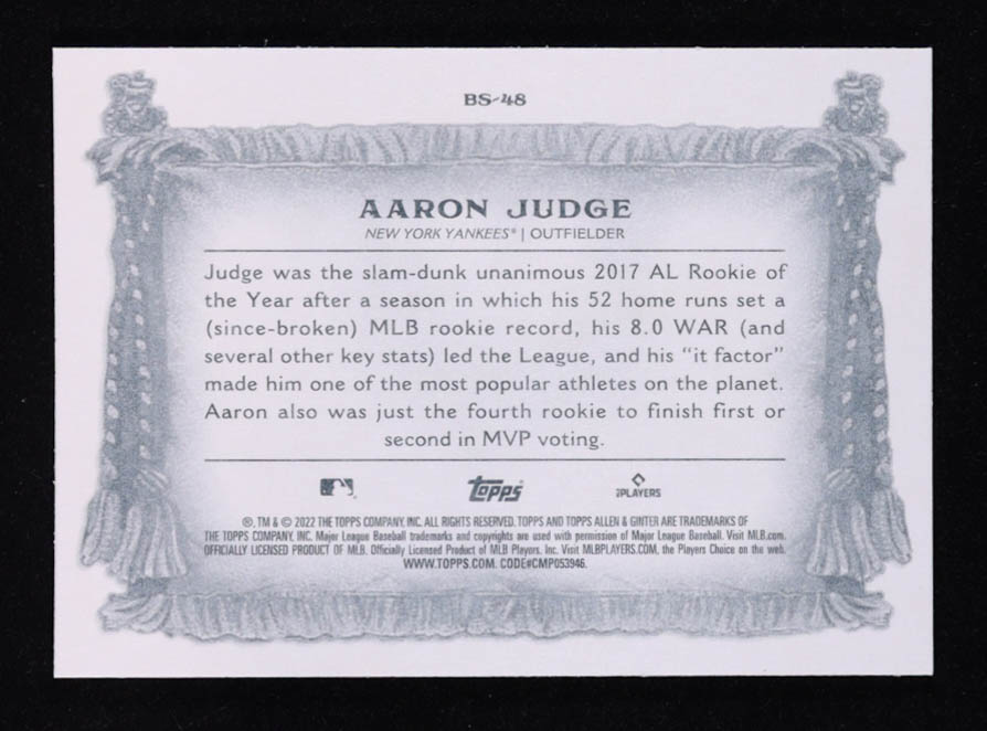 Aaron Judge 2022 Topps Allen and Ginter Banner Seasons #BS48 at PristineAuction.com Aaron Judge 2022 Topps Allen and Ginter Banner Seasons #BS48 at PristineAuction.com