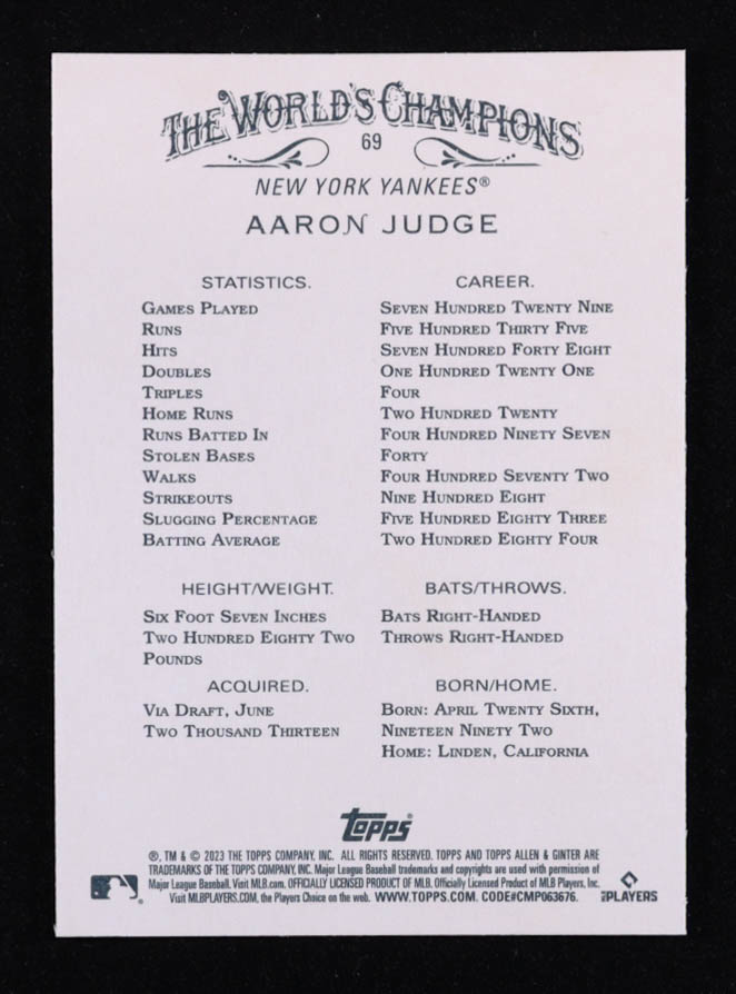 Aaron Judge 2023 Topps Allen and Ginter #69 at PristineAuction.com Aaron Judge 2023 Topps Allen and Ginter #69 at PristineAuction.com