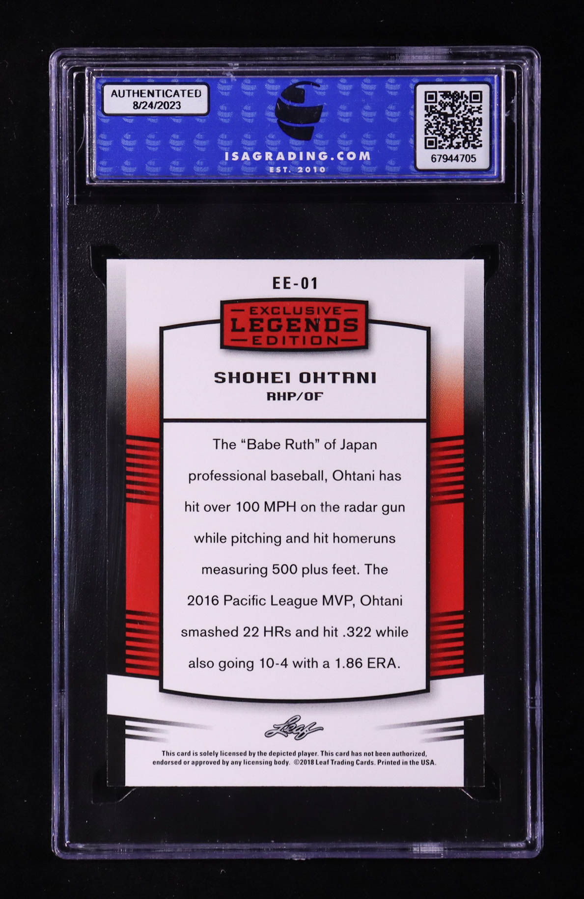Shohei Ohtani 2018 Leaf Ohtani Legends Exclusive Edition #EE01 RC (ISA 10) at PristineAuction.com Shohei Ohtani 2018 Leaf Ohtani Legends Exclusive Edition #EE01 RC (ISA 10) at PristineAuction.com