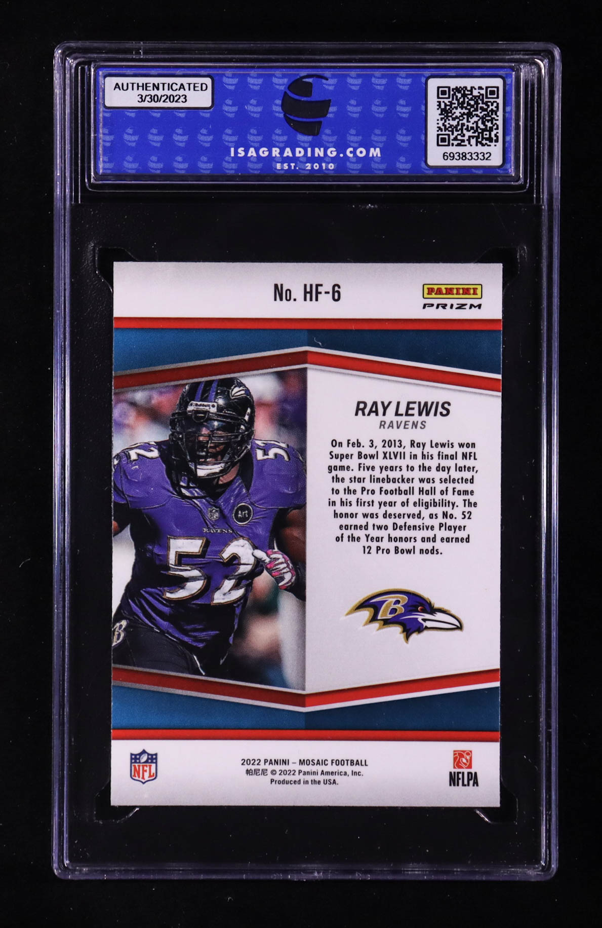 Ray Lewis 2022 Panini Mosaic HoloFame Mosaic #6 (ISA 10) at PristineAuction.com Ray Lewis 2022 Panini Mosaic HoloFame Mosaic #6 (ISA 10) at PristineAuction.com