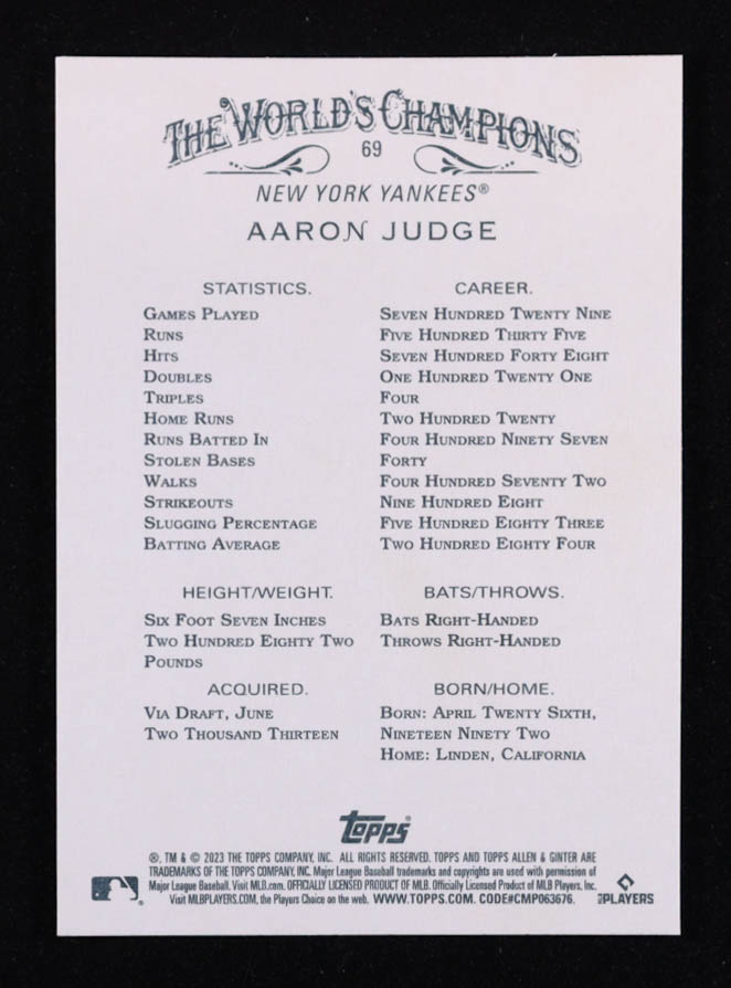 Aaron Judge 2023 Topps Allen and Ginter #69 at PristineAuction.com Aaron Judge 2023 Topps Allen and Ginter #69 at PristineAuction.com