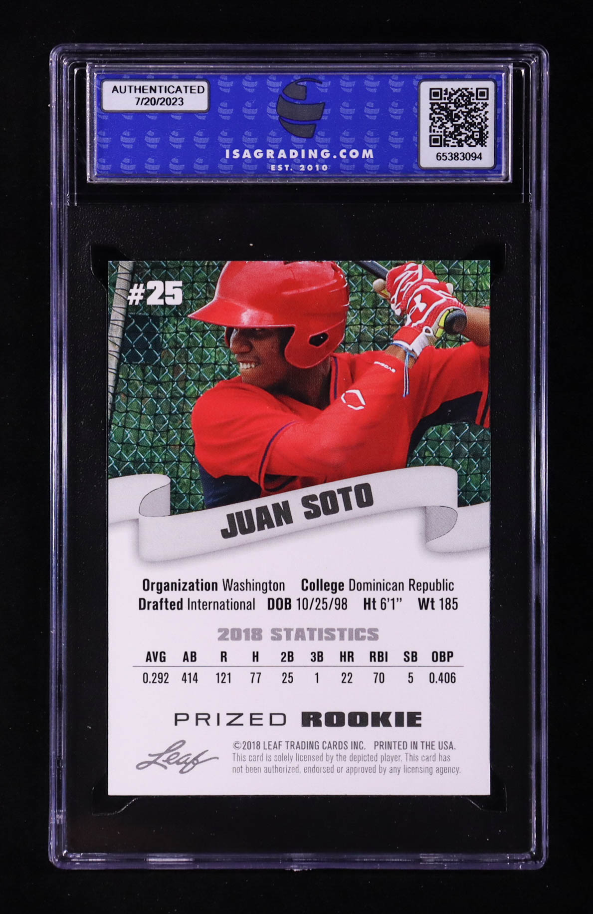 Juan Soto 2018 Leaf Prized Rookie #25 RC (ISA 10) at PristineAuction.com Juan Soto 2018 Leaf Prized Rookie #25 RC (ISA 10) at PristineAuction.com