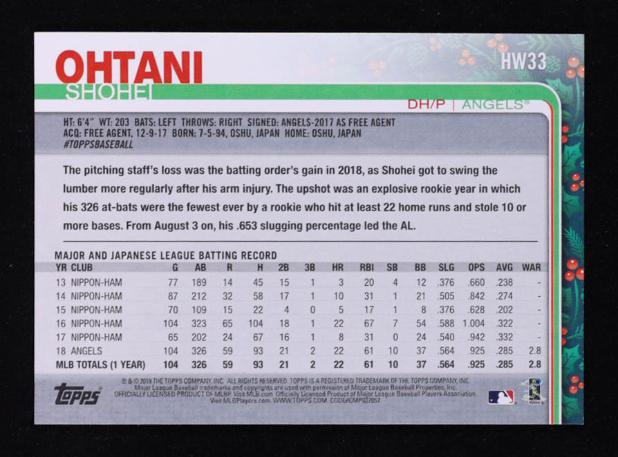 Shohei Ohtani 2019 Topps Walmart Holiday #HW33 at PristineAuction.com Shohei Ohtani 2019 Topps Walmart Holiday #HW33 at PristineAuction.com
