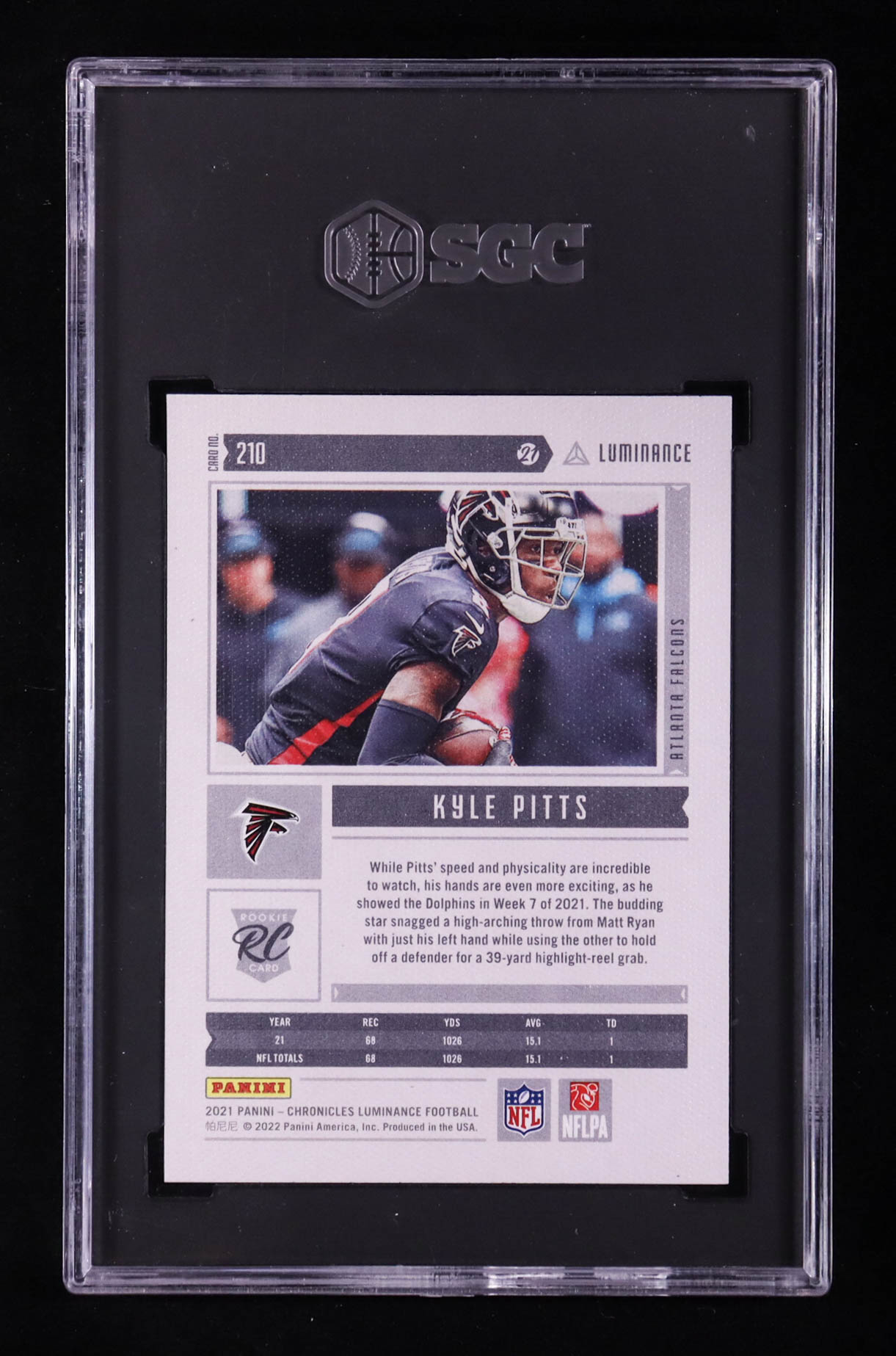 Kyle Pitts 2021 Panini Chronicles Luminance Update Rookies #210 RC (SGC 10) at PristineAuction.com Kyle Pitts 2021 Panini Chronicles Luminance Update Rookies #210 RC (SGC 10) at PristineAuction.com