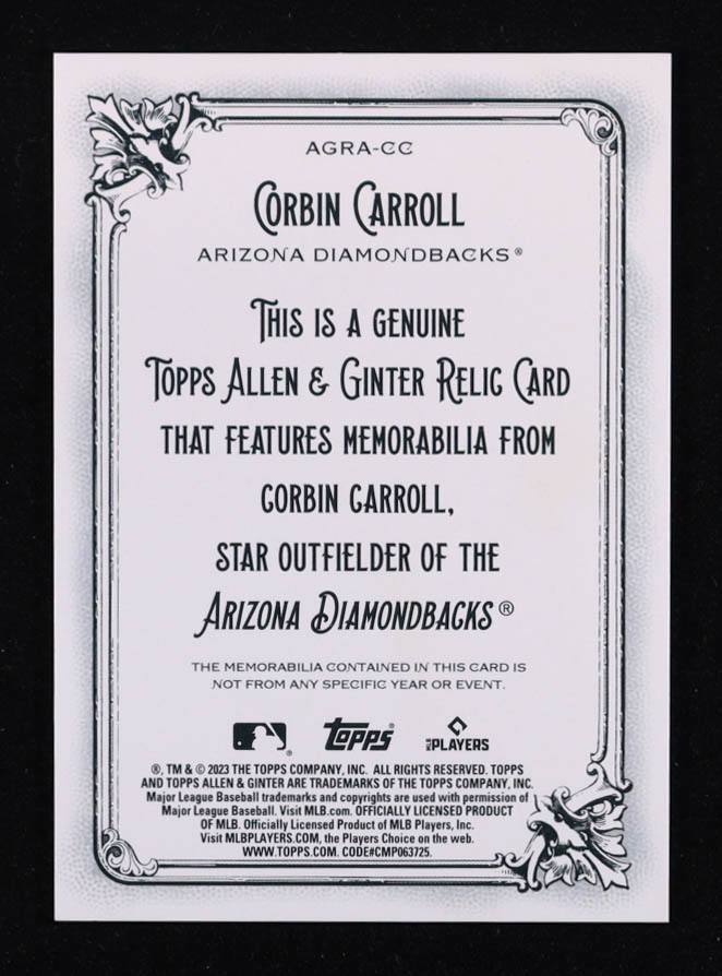 Corbin Carroll 2023 Topps Allen and Ginter Relics #AGRACC RC at PristineAuction.com Corbin Carroll 2023 Topps Allen and Ginter Relics #AGRACC RC at PristineAuction.com