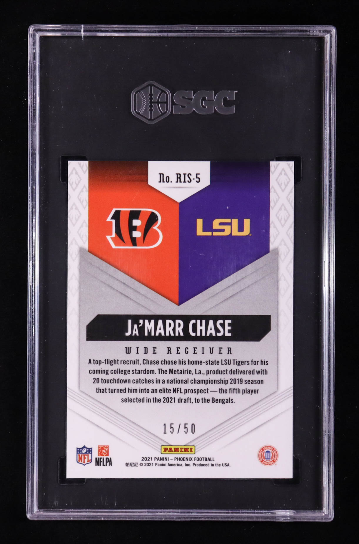 Ja'Marr Chase 2021 Panini Phoenix Rookie Rising Bronze #5 #15/50 RC (SGC 10) at PristineAuction.com Ja'Marr Chase 2021 Panini Phoenix Rookie Rising Bronze #5 #15/50 RC (SGC 10) at PristineAuction.com