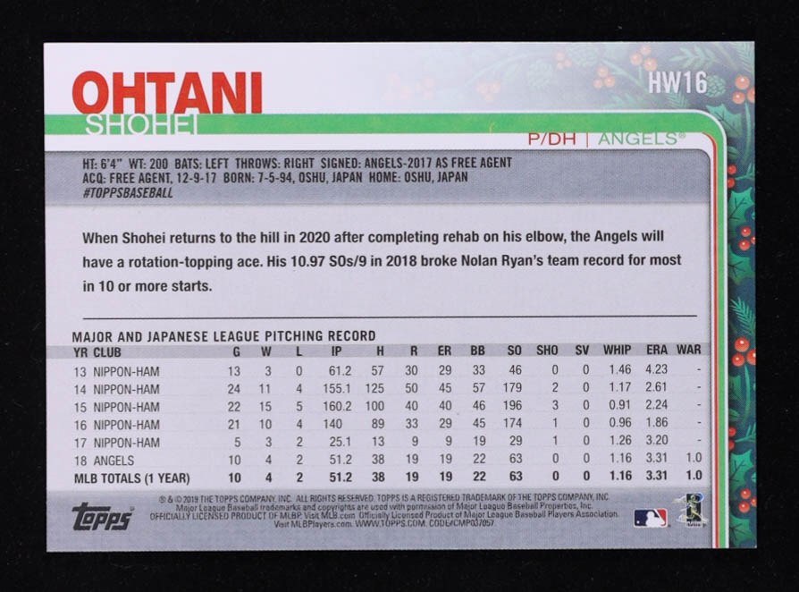 Shohei Ohtani 2019 Topps Walmart Holiday #HW16 at PristineAuction.com Shohei Ohtani 2019 Topps Walmart Holiday #HW16 at PristineAuction.com