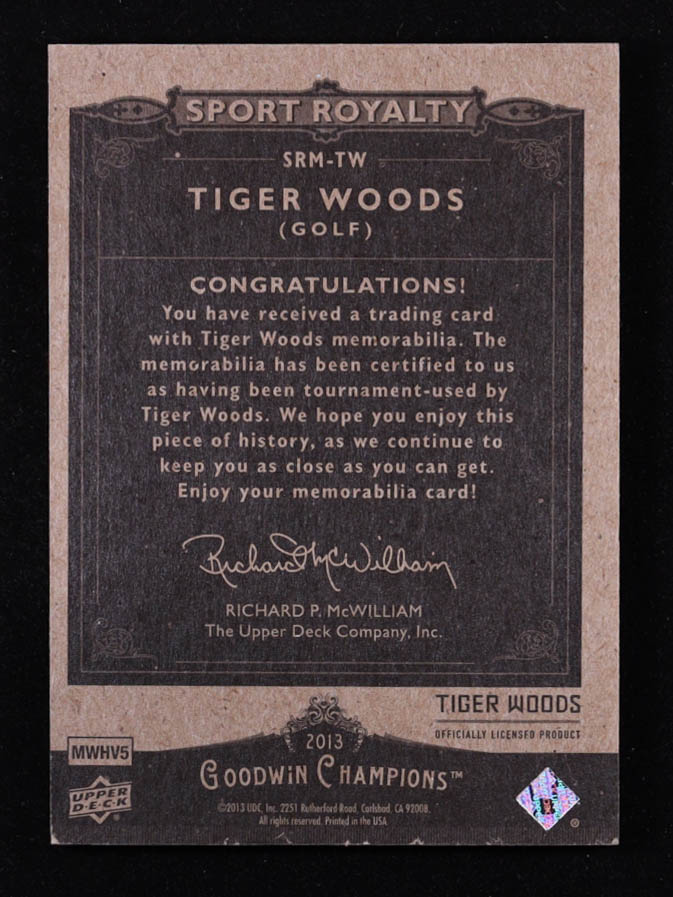 Tiger Woods 2013 Upper Deck Goodwin Champions Sport Royalty Memorabilia #SRMTW at PristineAuction.com Tiger Woods 2013 Upper Deck Goodwin Champions Sport Royalty Memorabilia #SRMTW at PristineAuction.com