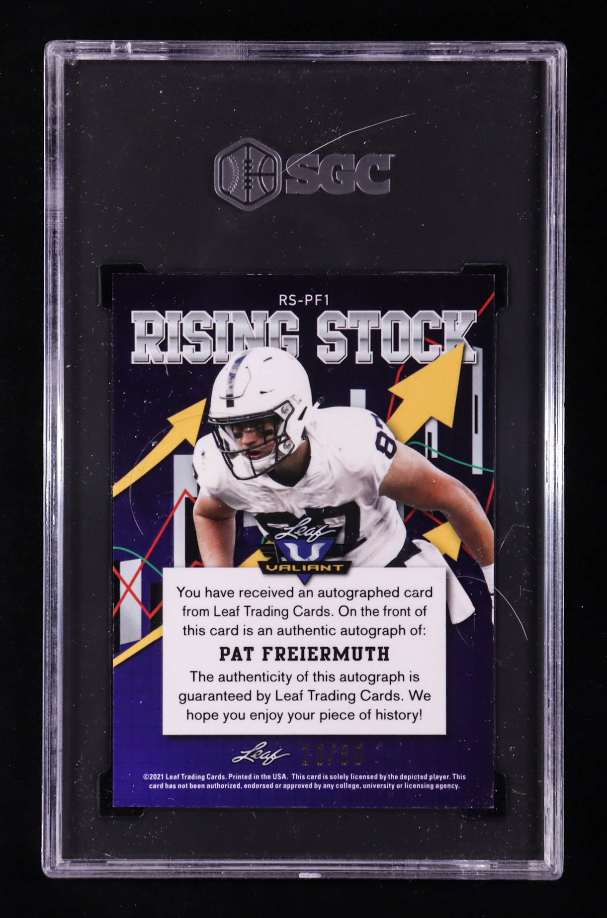 Pat Freiermuth 2021 Leaf Valiant Rising Stock Orange #RSPF1 #20/50 (SGC 10) at PristineAuction.com Pat Freiermuth 2021 Leaf Valiant Rising Stock Orange #RSPF1 #20/50 (SGC 10) at PristineAuction.com