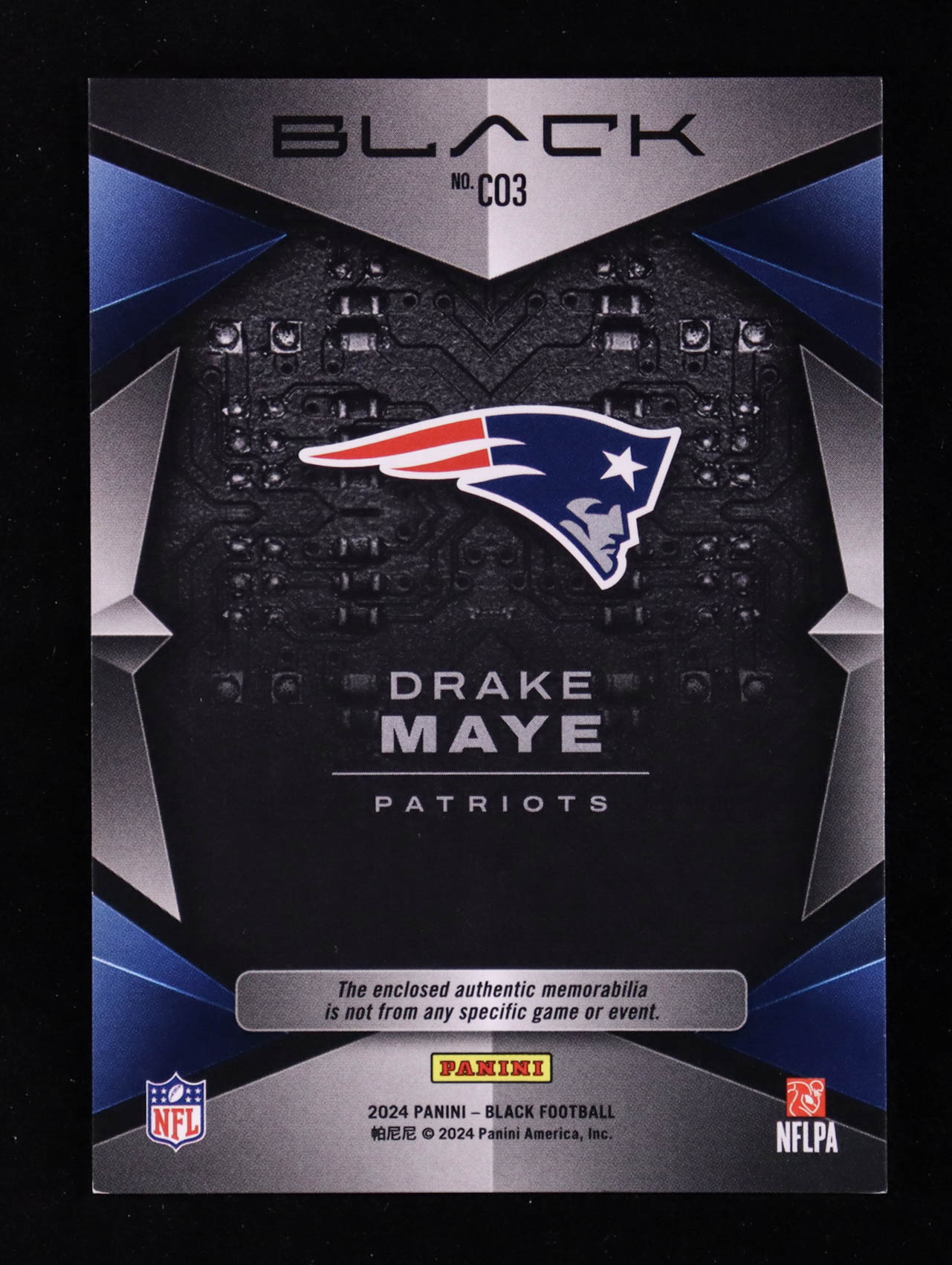 Drake Maye 2024 Panini Black Components Jerseys #3 RC #199/199 at PristineAuction.com Drake Maye 2024 Panini Black Components Jerseys #3 RC #199/199 at PristineAuction.com