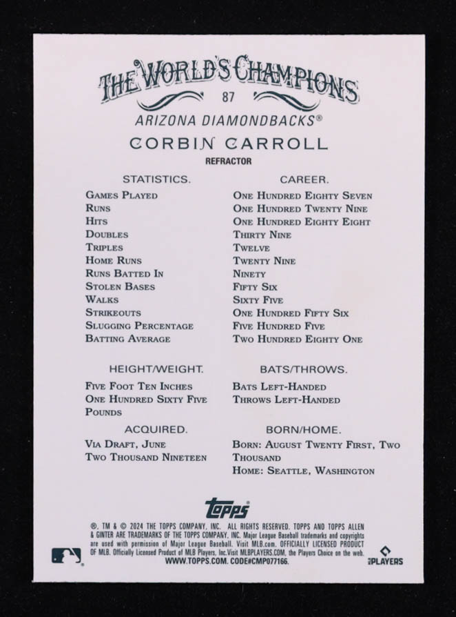 Corbin Carroll 2024 Topps Allen and Ginter Chrome #87 at PristineAuction.com Corbin Carroll 2024 Topps Allen and Ginter Chrome #87 at PristineAuction.com