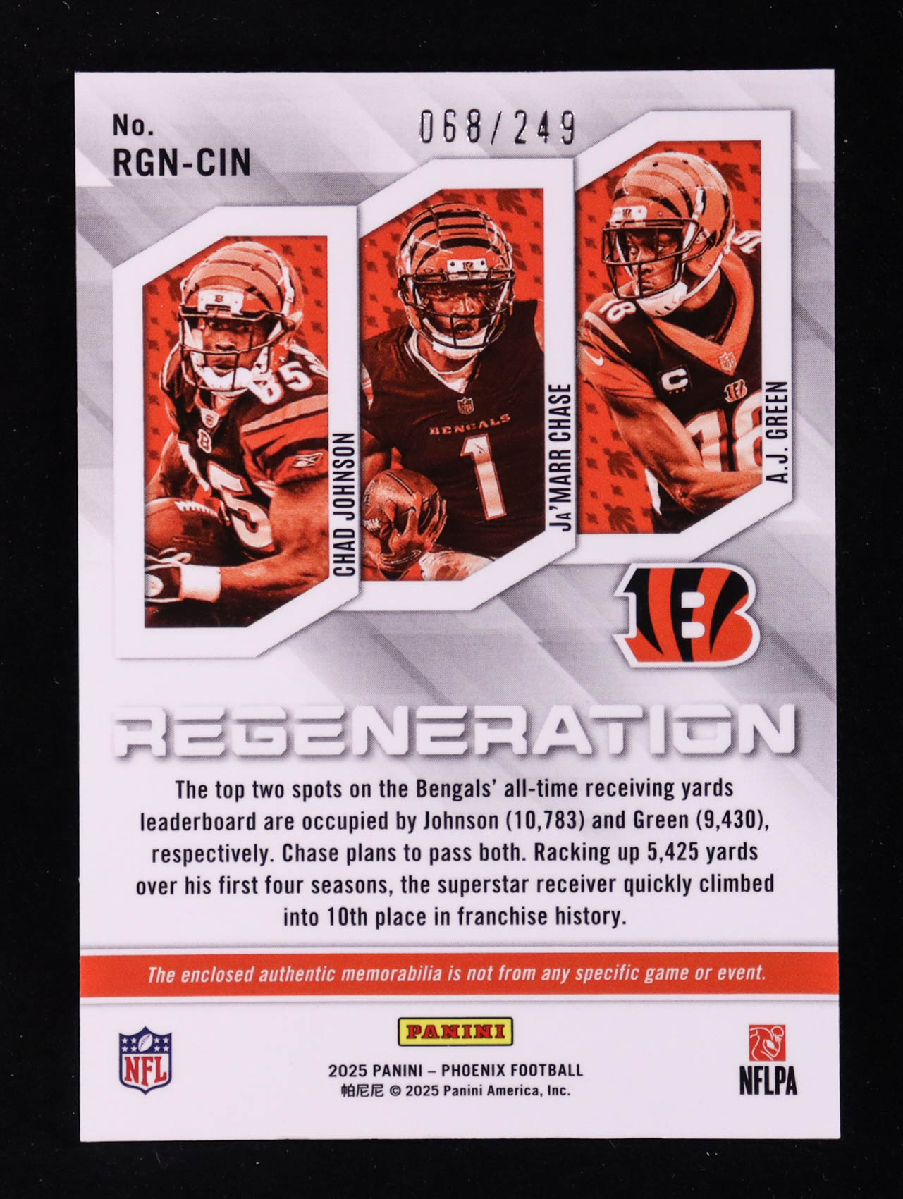 Chad Johnson / A.J. Green / Ja'Marr Chase 2025 Panini Phoenix Regeneration Jerseys Red #10 #068/249 at PristineAuction.com Chad Johnson / A.J. Green / Ja'Marr Chase 2025 Panini Phoenix Regeneration Jerseys Red #10 #068/249 at PristineAuction.com
