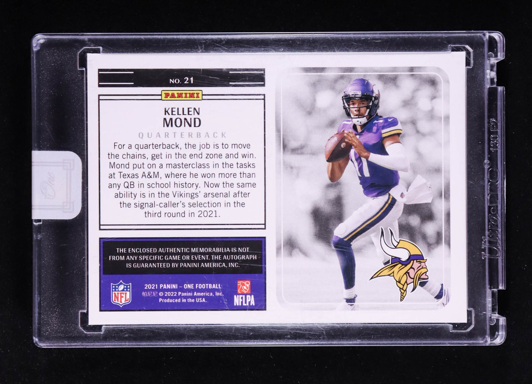 Kellen Mond 2021 Panini One Red #21 Jersey Autograph #01/25 RC at PristineAuction.com Kellen Mond 2021 Panini One Red #21 Jersey Autograph #01/25 RC at PristineAuction.com