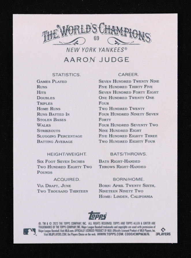 Aaron Judge 2023 Topps Allen and Ginter #69 at PristineAuction.com Aaron Judge 2023 Topps Allen and Ginter #69 at PristineAuction.com