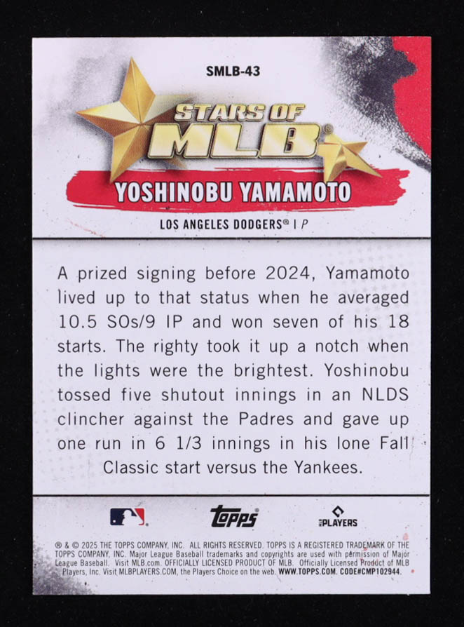 Yoshinobu Yamamoto 2025 Topps Stars Of MLB #SMLB43 at PristineAuction.com Yoshinobu Yamamoto 2025 Topps Stars Of MLB #SMLB43 at PristineAuction.com