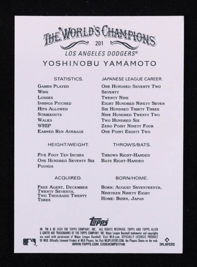 Yoshinobu Yamamoto 2024 Topps Allen and Ginter #201 RC at PristineAuction.com Yoshinobu Yamamoto 2024 Topps Allen and Ginter #201 RC at PristineAuction.com
