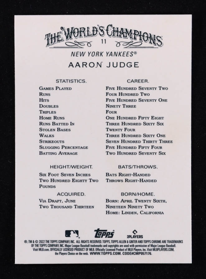 Aaron Judge 2022 Topps Allen and Ginter Chrome #11 at PristineAuction.com Aaron Judge 2022 Topps Allen and Ginter Chrome #11 at PristineAuction.com